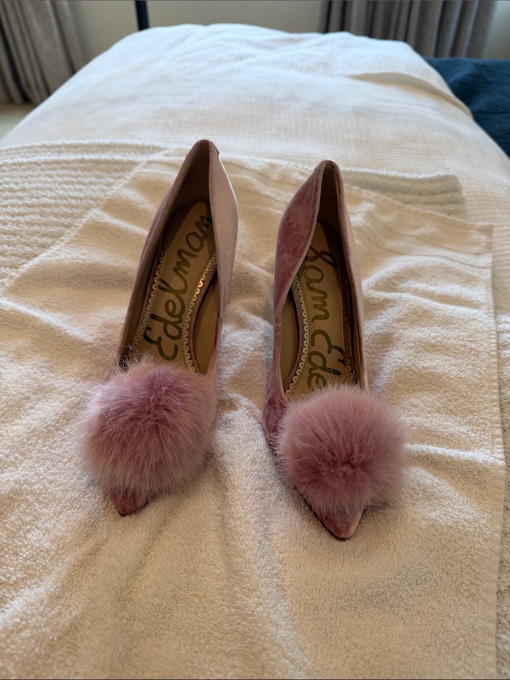 Sam Edelman Dusty Pink Velvet Pom-Pom Pointed Toe Heels
